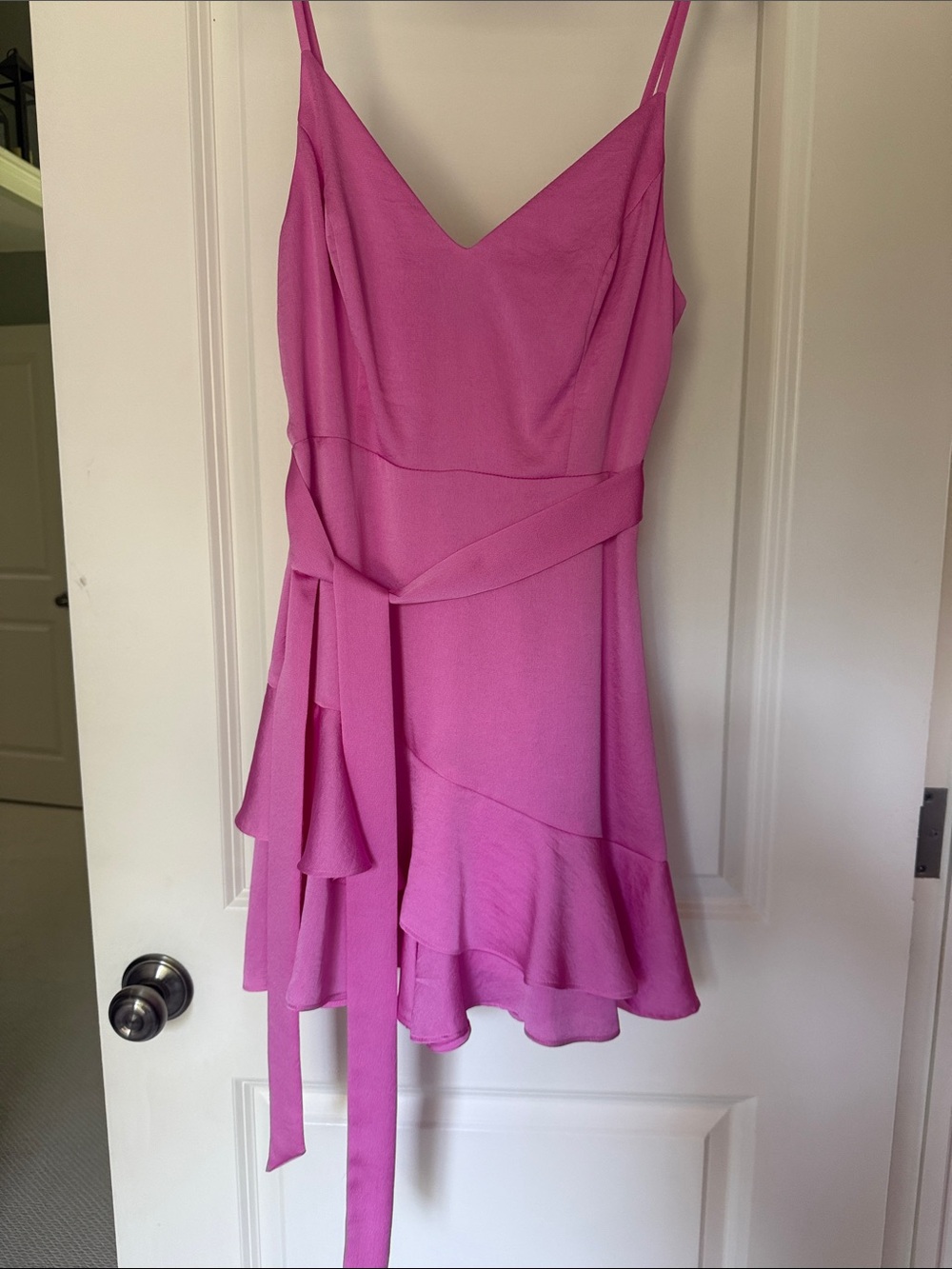 Pink Spaghetti-Strap Ruffle Wrap Mini Dress
